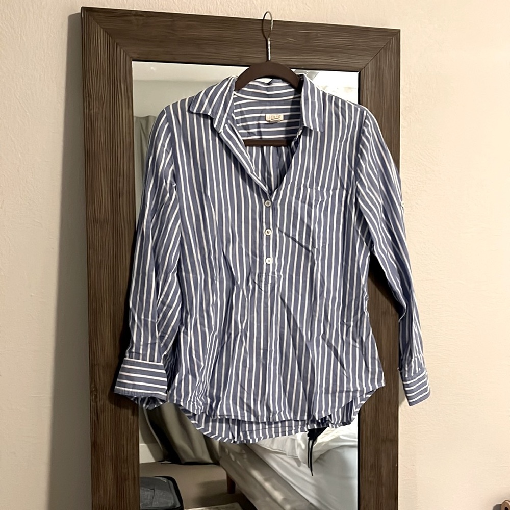 J. Crew 100% Cotton Half Button Down Shirt Blue Striped